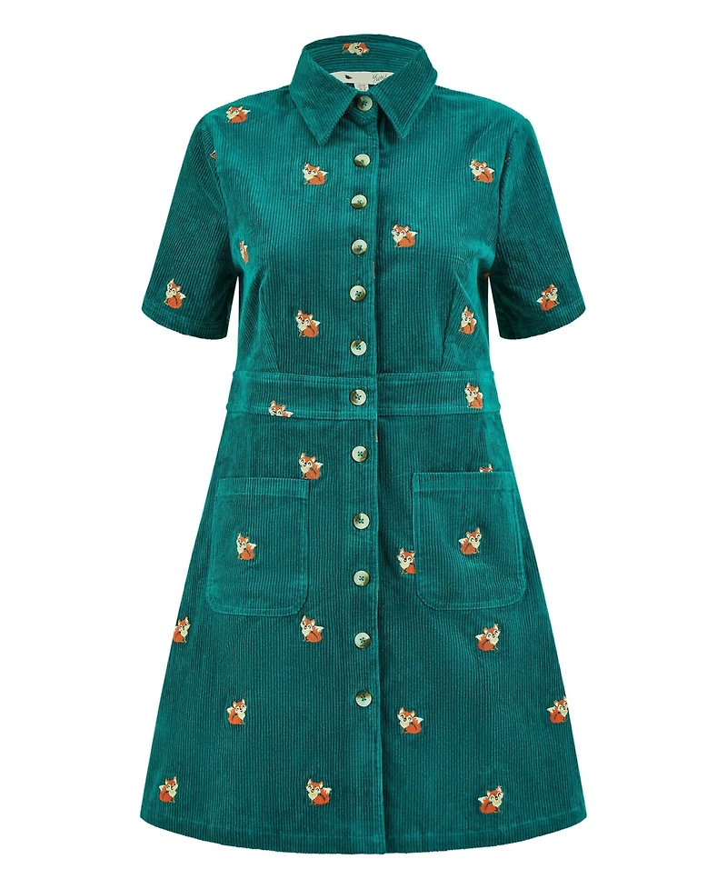 Yumi Women's Fox Embroidered Cord Shirt Dress