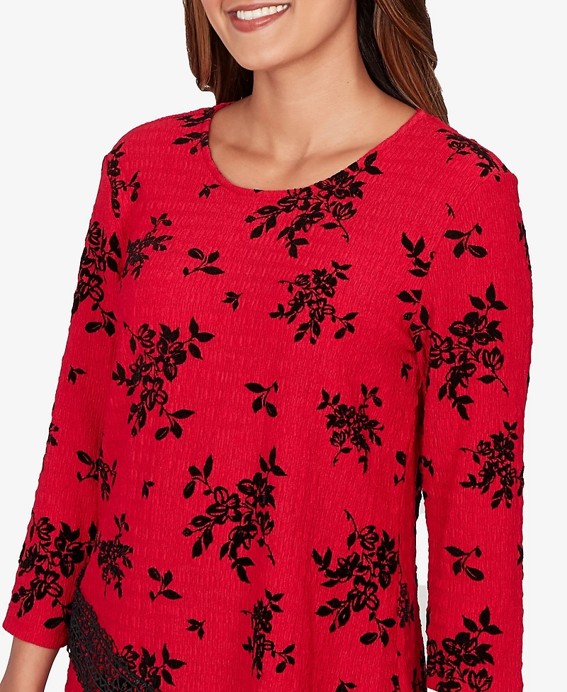 Ruby Rd. Petite Floral Flocked Texture Lace Trim Top
