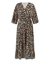 Yumi Women's Leopard Print Kimono Sleeve Wrap Dress