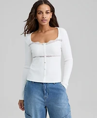 And Now This Petite Knit Lace-Trim Henley Top, Macy's Exclusive