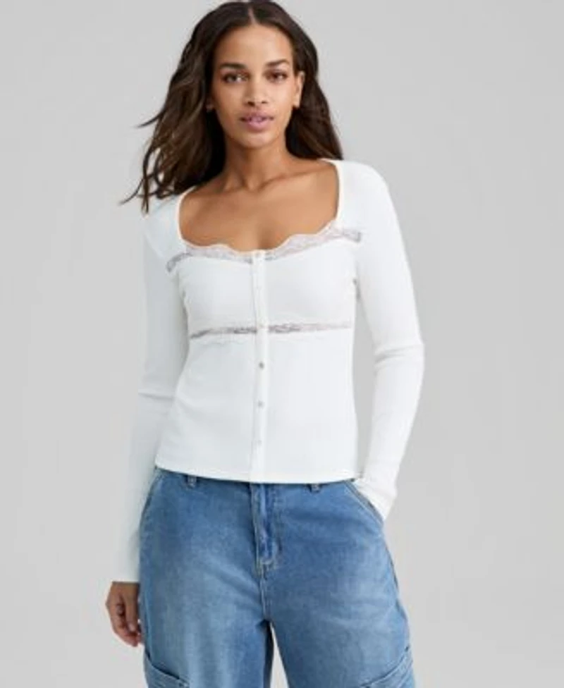 Now This Womens Lace Trim Ribbed Knit Top Macys Exclusive