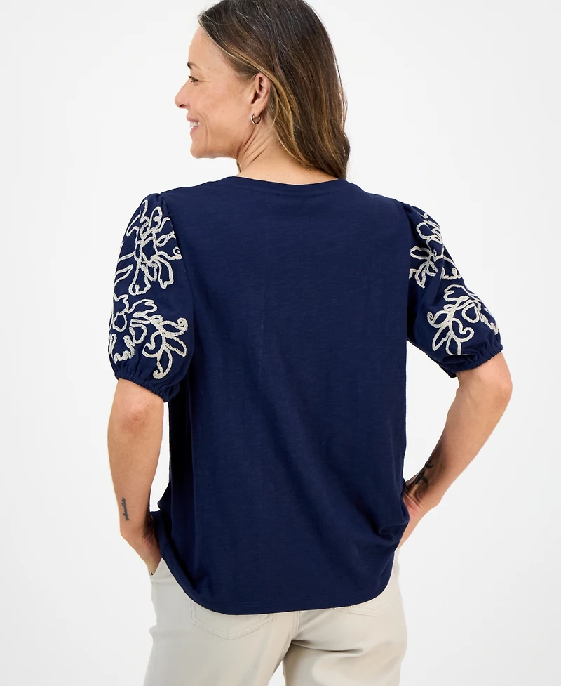 Style & Co Petite Cotton Embroidered Elbow-Sleeve Top, Macy's Exclusive
