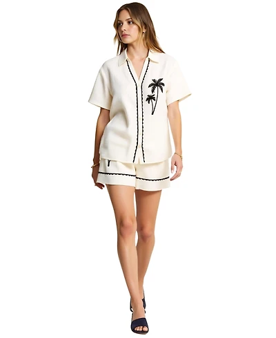 Modenaire Women's Embroidered Button-Down Shirt and Short Set