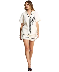 Modenaire Women's Embroidered Button-Down Shirt and Short Set