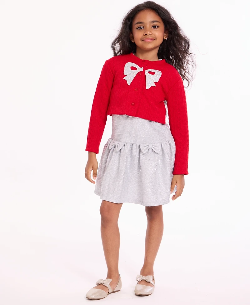Bonnie Jean Girls 2T-6X 2-Piece Foiled Knit Dress and Bow Cardigan Set