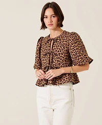 Modenaire Women's Leopard-Print Front-Tie Puff-Sleeve Peplum Top