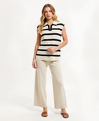 Modenaire Women's Cap Sleeve Striped Knit Polo Top