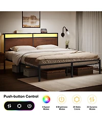 Hausource Industrial King Size Bed Frame with Storage Led Headboard, Charging Station, No Box Spring Needed