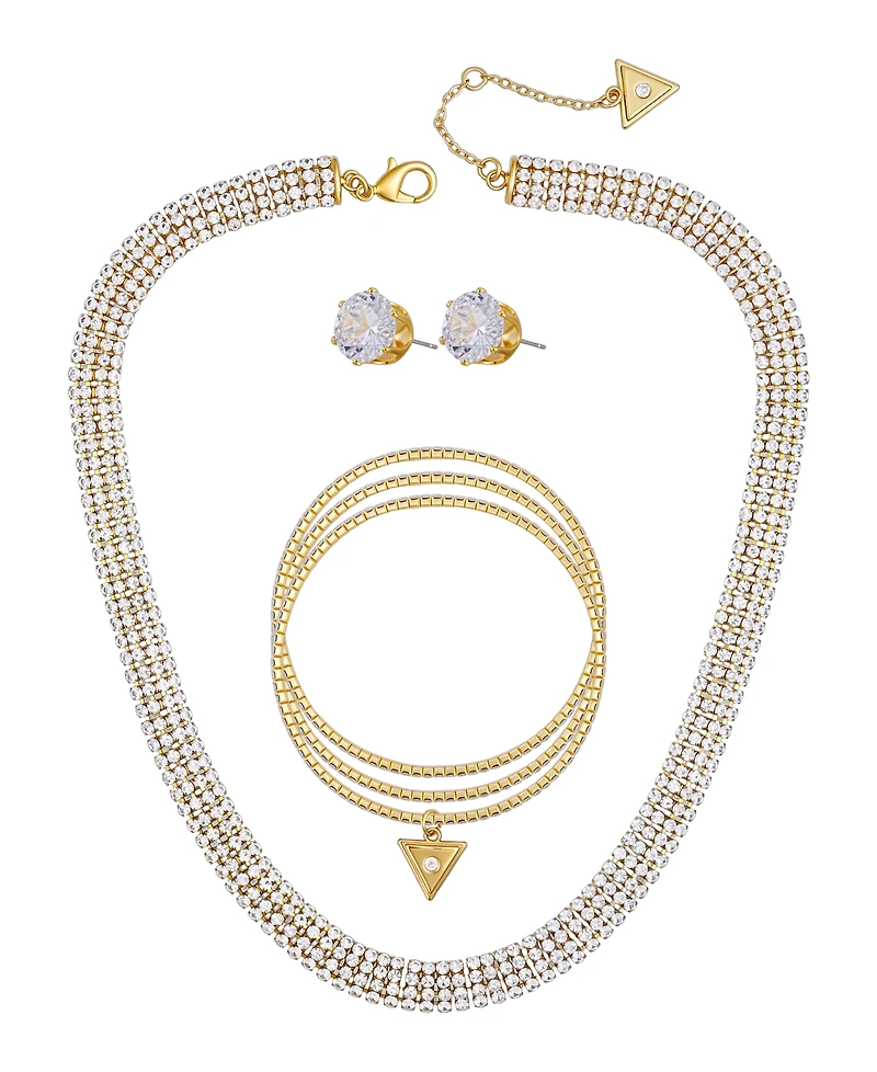 Guess 3-Pc. Cubic Zirconia Gold-Tone Choker Necklace, Stud Earrings, and Bracelet Set