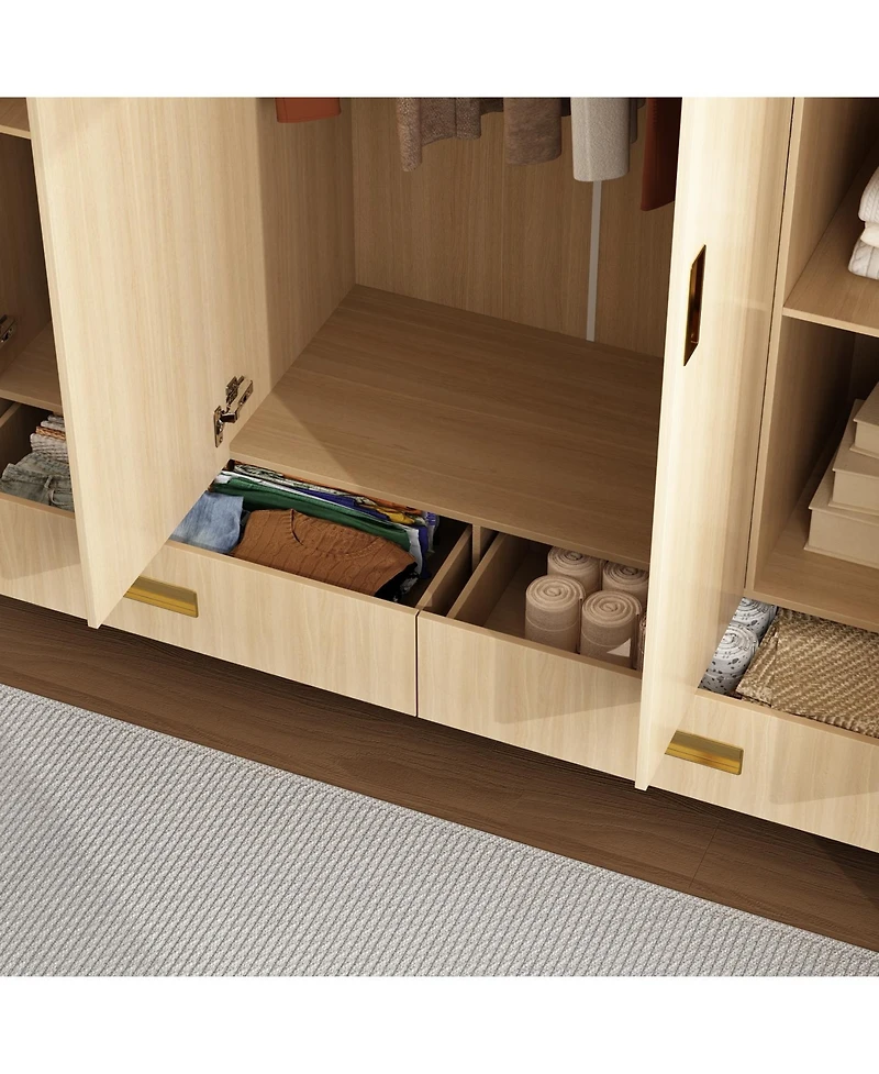 Wardrobe with Top Cabinet, Armoires with Hanging Rod, 2-Drawers, Storage Shelves,Bedroom Closet