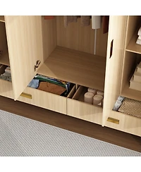 Wardrobe with Top Cabinet, Armoires with Hanging Rod, 2-Drawers, Storage Shelves,Bedroom Closet
