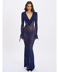 Miss Circle Women's Ilyse Navy V-Neck Plunge Animal Print Mermaid Hem Maxi Dress