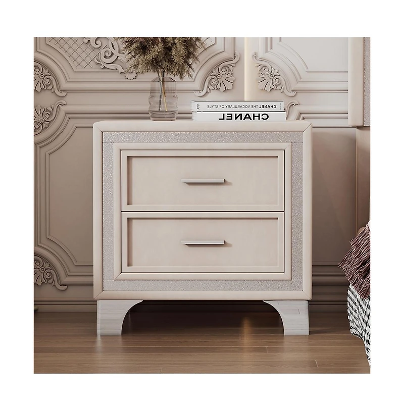 Cesicia Velvet Nightstand with Silver Glitter Strips Vintage Bedside Table 2 Drawers & Metal Legs