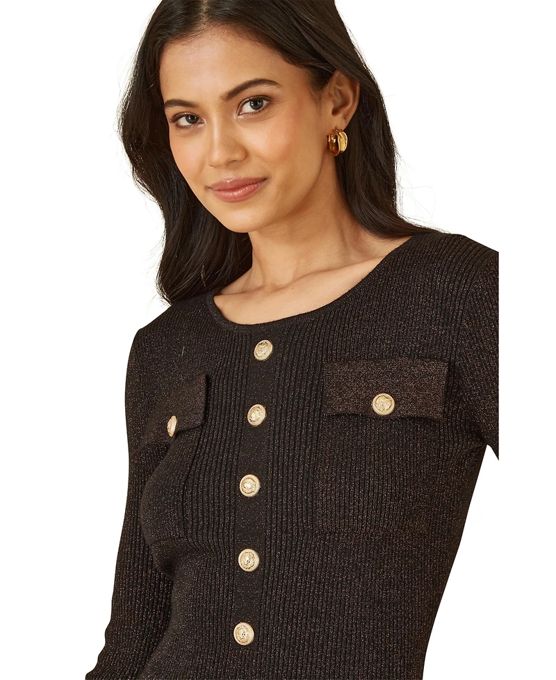 Yumi Women's Metallic Fitted Military Knit Dress