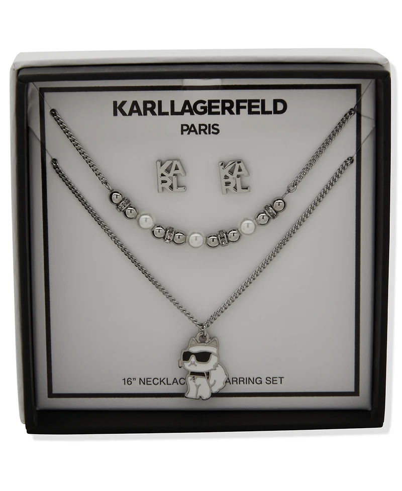 Karl Lagerfeld Paris 2-Pc. Imitation Pearl Silver-Tone Logo Necklace and Earrings Set