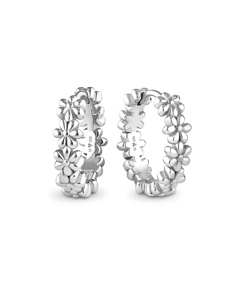 Devata Daisy Flower Hoop Earrings in Rhodium Plated Sterling Silver
