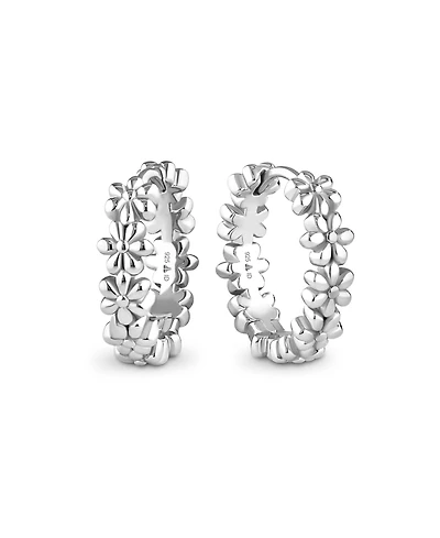 Devata Daisy Flower Hoop Earrings in Rhodium Plated Sterling Silver