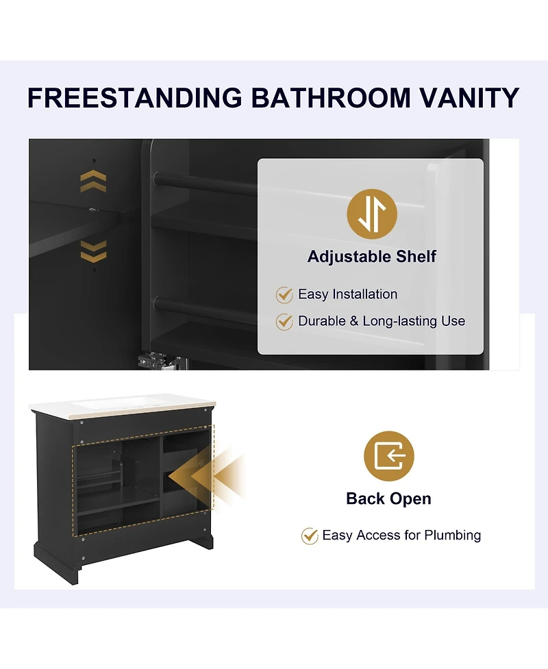 Casainc 36" Bathroom Vanity with Ceramic Sink, 4 Drawers and 1 Soft-Close Door, Freestanding