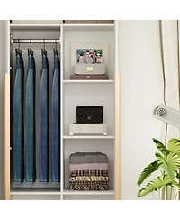 Mirror Finished Armoire, Wardrobe with 10-Shelves, 3-Bars & 4-Large Doors,Bedroom Closet