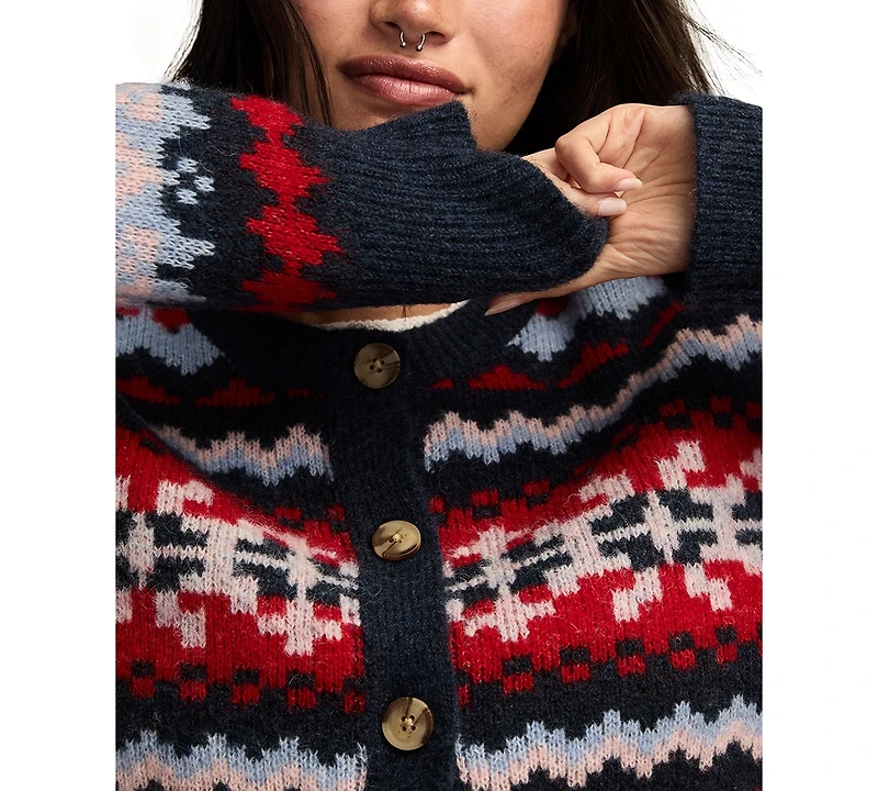 Lucky Brand Women's Fair Isle Crew Neck Cardigan Sweater