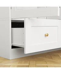 Tempered Glass Doors Armoires Wardrobe with Hanging Rods, 3-Drawers, Gold handles,Bedroom Closet