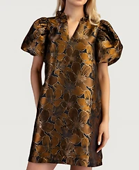 Modenaire Women's Metallic Floral Puff-Sleeve Ruffled-Collar A-Line Mini Dress