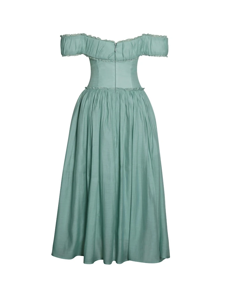 Miss Circle Women's Xavy Teal Green Off Shoulder Corset Midi Dress