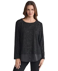 Jones New York Womens Textured Contrast Hem Top