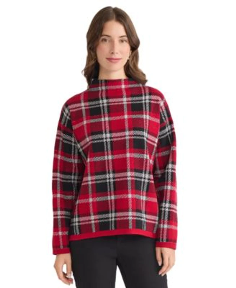 Jones New York Womens Plaid Mock Neck Sweater