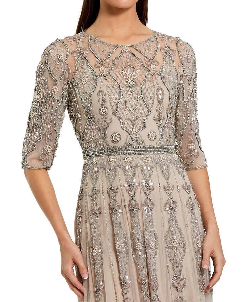 Mac Duggal Women's Beige 3/4 Sleeve Embellished A-line Gown