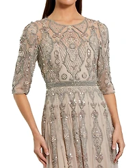 Mac Duggal Women's Beige 3/4 Sleeve Embellished A-line Gown