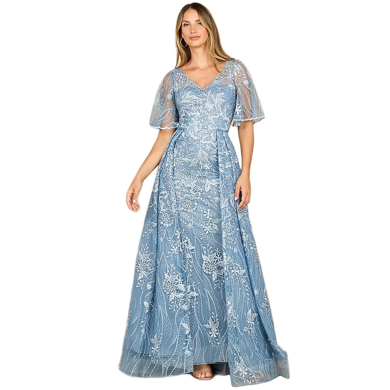 Lara Women's Overskirt Lace Fitted V-Neck Gown with Cape Sleeves