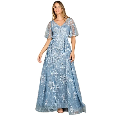 Lara Women's Overskirt Lace Fitted V-Neck Gown with Cape Sleeves