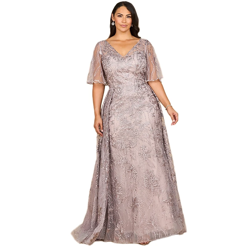 Lara Women's Overskirt Lace Fitted V-Neck Gown with Cape Sleeves