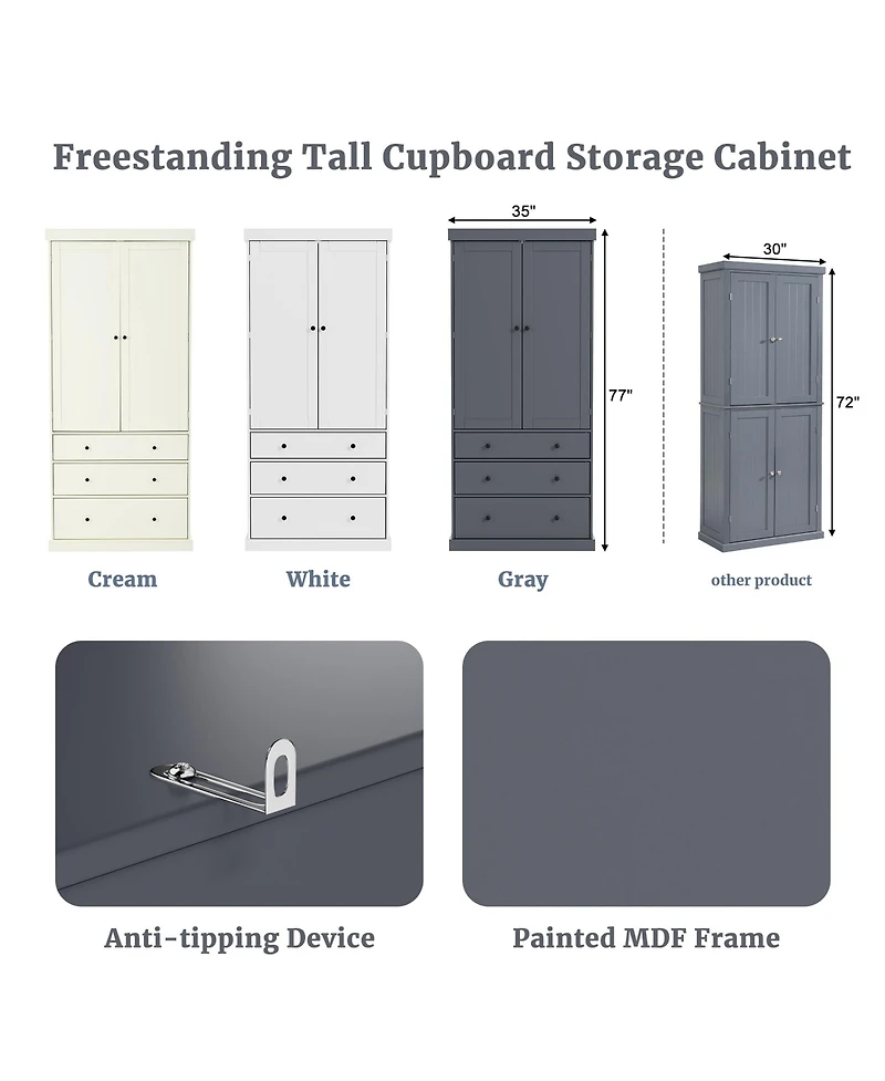 Lovmor 77" 1-Pc. Freestanding Tall Cupboard Storage Cabinet with 3 Adjustable Shelves, 8 Door Shelves and 3 Drawers