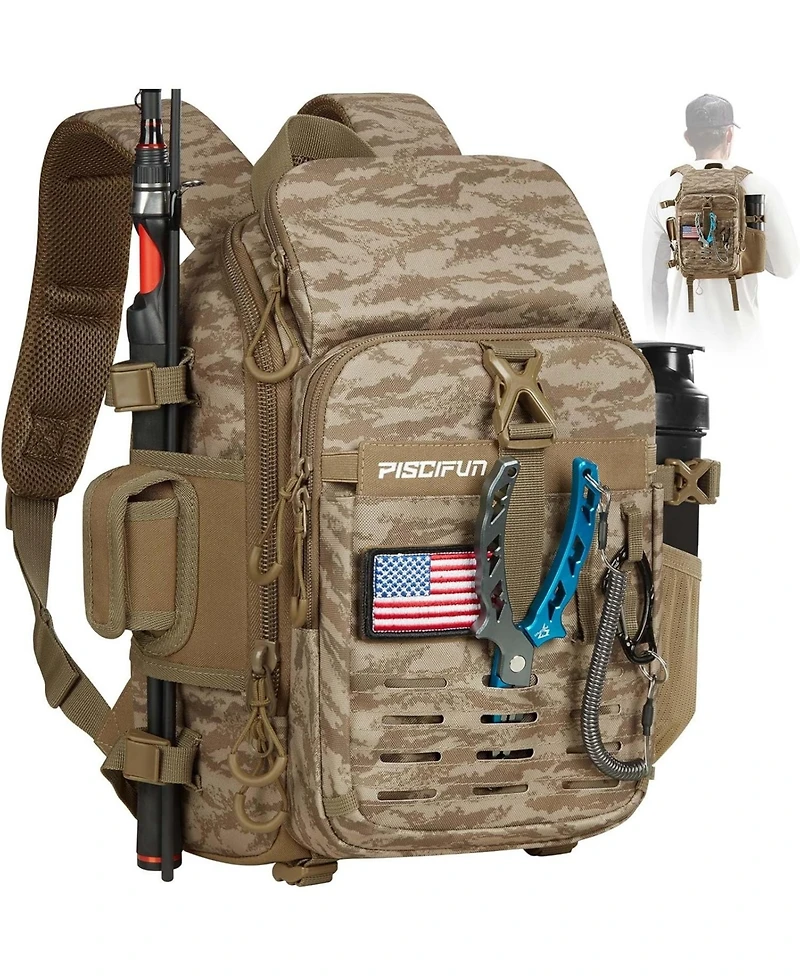 Fishing Tackle Backpack with Rod & Gear Holder, Lightweight Fishing Tackle Storage Bag with Protective Rain Cover