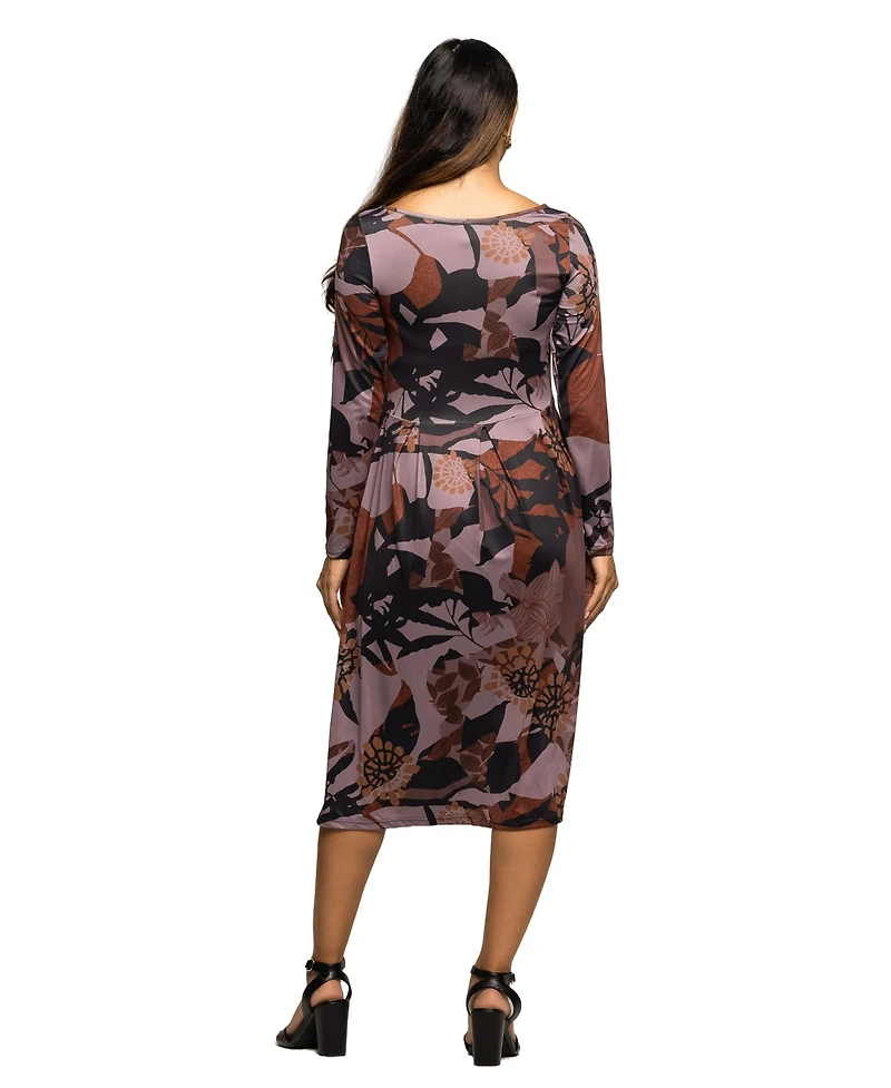 24seven Comfort Apparel Maternity Long Sleeve Midi Dress Brown Floral Print