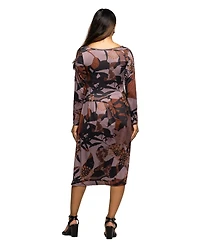24seven Comfort Apparel Maternity Long Sleeve Midi Dress Brown Floral Print