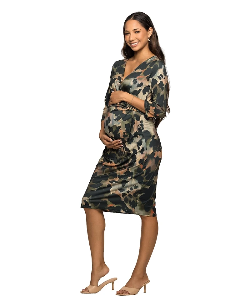 24seven Comfort Apparel Women's Maternity Three Quarter Sleeve Faux Wrap Dress