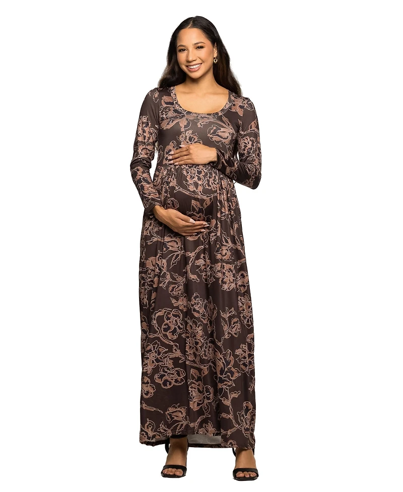24seven Comfort Apparel Women's Maternity Brown Blush Floral Long Sleeve Maxi Dress