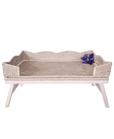 Artifacts Rattan Scallop Design Breakfast Tray with Wooden Legs