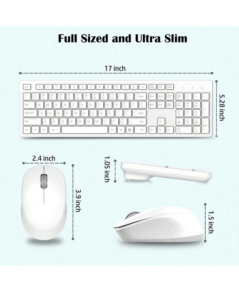 Wireless Keyboard and Mouse Combo, Full-Sized Keyboard, 2.4GHz Keyboard Silent Mouse Set with 2-in-1 Usb Receiver, 12 Fn Shortcuts for Laptop, White