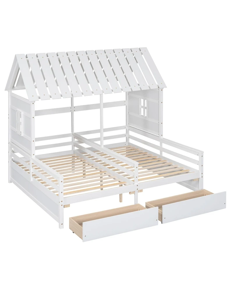 Twin House Platform Beds with Two Drawers for Boy and Girl Shared Beds, Combination of 2 Side by
