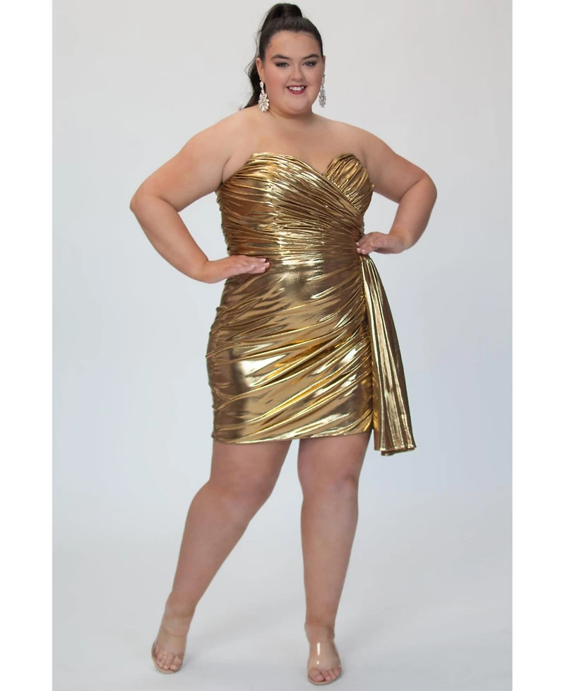 Sydney's Closet Women's Metallic Gold Strapless Short Party Dress with Drape Flyaway