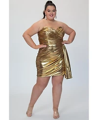 Sydney's Closet Women's Metallic Gold Strapless Short Party Dress with Drape Flyaway
