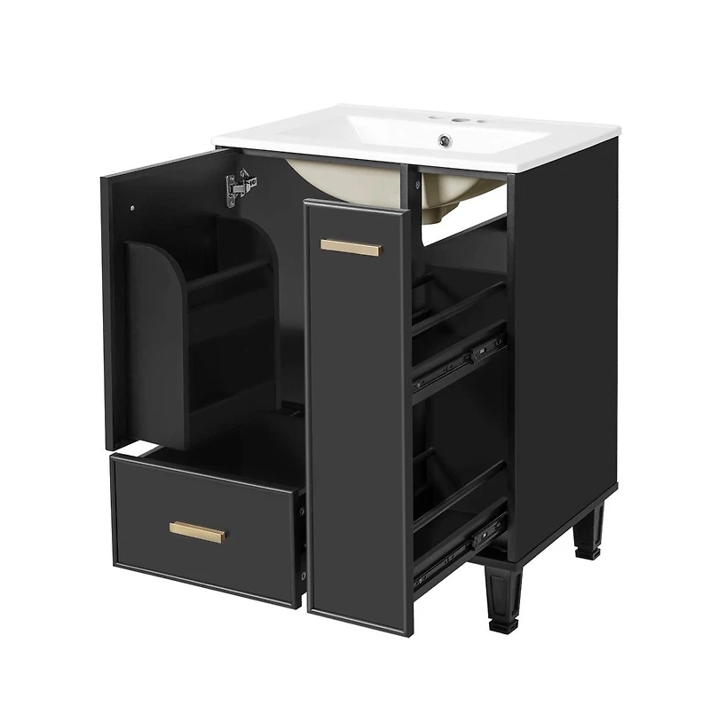 Chic Crate-24" Modern Bathroom Vanity Sink & Deep Drawer | 2-Tier Pull-Out Basket Solid Wood Frame White