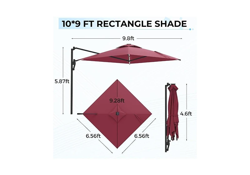 Aecojoy 10FT Large Patio Umbrella with Solar Lights, Rectangle Wall Mounted Outdoor Patio Umbrella