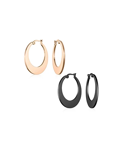 Bling Jewelry Set of 2 Flat Oval Hoop Huggie Earrings Black Rose Gold Plated Steel 1.25 Inch
