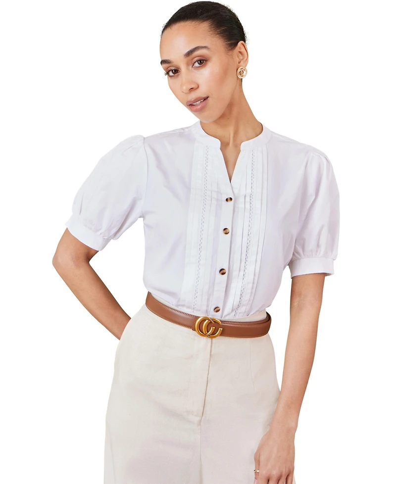 Yumi Women's Cotton Pleated Short Sleeve Shirt