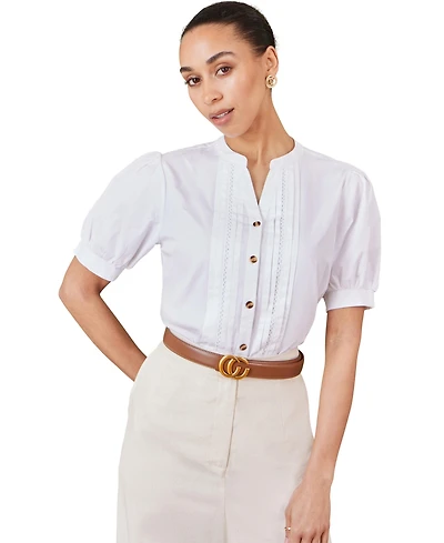 Yumi Women's Cotton Pleated Short Sleeve Shirt